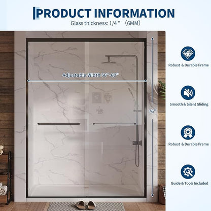 Garvee 56-60" W x 76" H Sliding Shower Door 1/4" Tempered Glass Double Bypass Enclosure with Trimmable Width and Easy Clean Nano Coating Matte Black