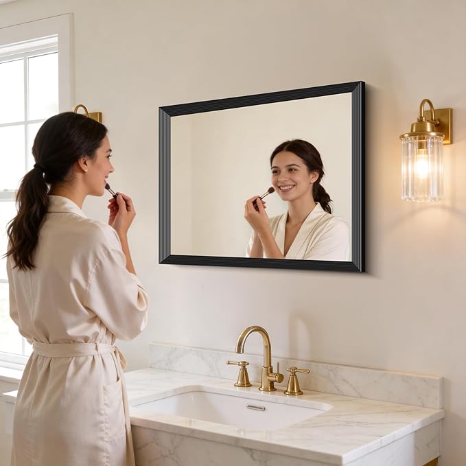 Black Bathroom Mirror 30 x 36 Inch Rectangle Wave Beveled Frame for Wall Bathroom Vanity Mirror for Over Sink, Tempered Glass,for Entryway Hangs, Bathroom Living Room Horizontal or Vertical