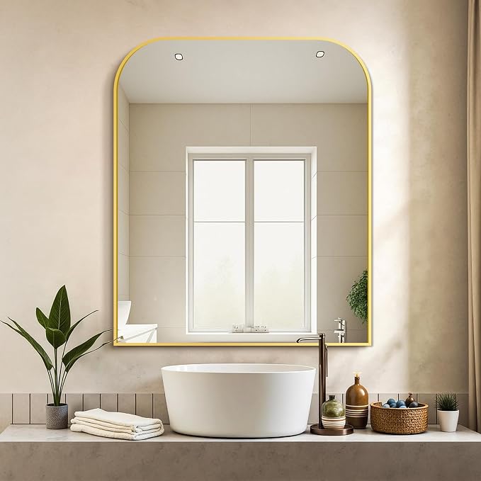 36"x30" Gold Metal Framed Bathroom Mirror for Over Sink | Rounded rectangle shape. Shatterproof HD glass, all mounting hardware for bathroom, bedroom, entryway.