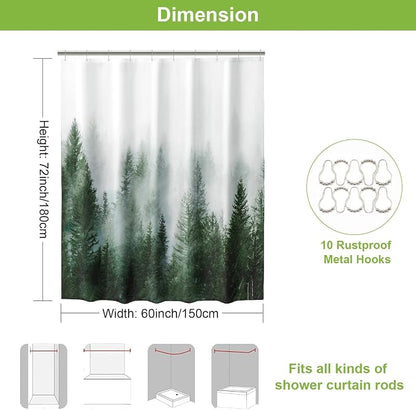 ORTIGIA 60x72 Misty Forest Stall Shower Curtain for Small Bathroom, Green Narrow Nature Woodland Shower Curtain Set with Hooks, Waterproof Fabric Pine Tree Fog Magic Home Bath Curtain