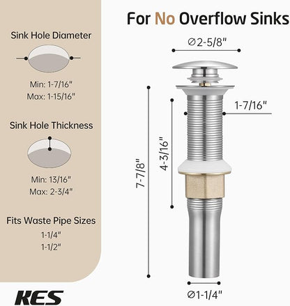 KES Bathroom Sink Drain with Strainer Basket Hair Catcher Anti Clog Pop Up Drain Stopper Vanity Vessel Sink Without Overflow, Brushed Nickel All Metal Rustproof 304 Stainless Steel, S2013D-BN
