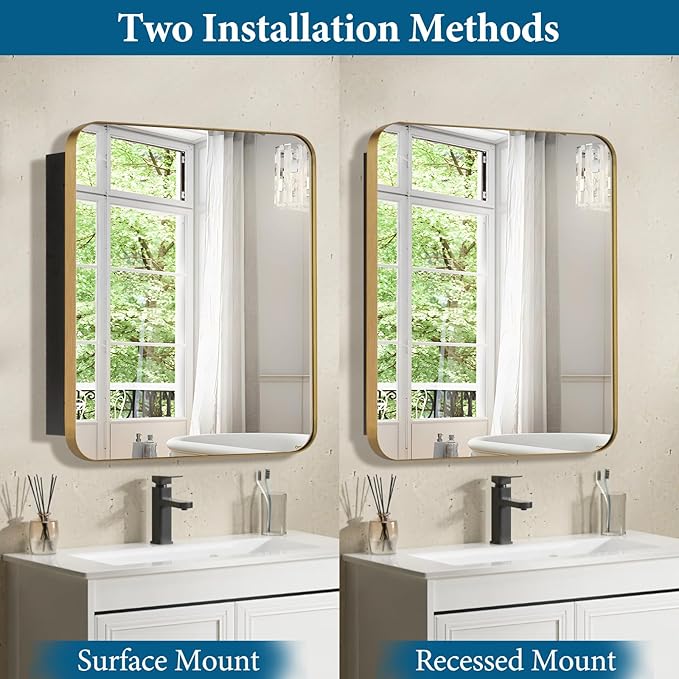 16’’x20’’ Medicine Cabinet,Metal Framed Medicine Cabinet Mirror with Round Corner,Recessed and Surface Mount Bathroom Mirror with Storage, Removeable Shelves,Gold