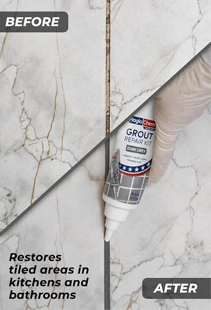 Tile Grout Repair, Dark Grey 8.8 oz/250gr. Fast Drying Grout Repair Kit, Grout Filler Tube Repair Kit, Tile Grout Paint, Grout Sealer Restore and Renew Bathroom Floor, Tile Gaps, Joints, Lines
