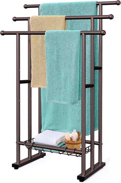 Kayfia 40" Tall Standing Towel Racks for Bathroom, 3 Tier Towel Rack Stand with Storage Basket, Blanket Ladder Drying and Display Rack for Oversized Bath Towel, Next to Tub Or Shower