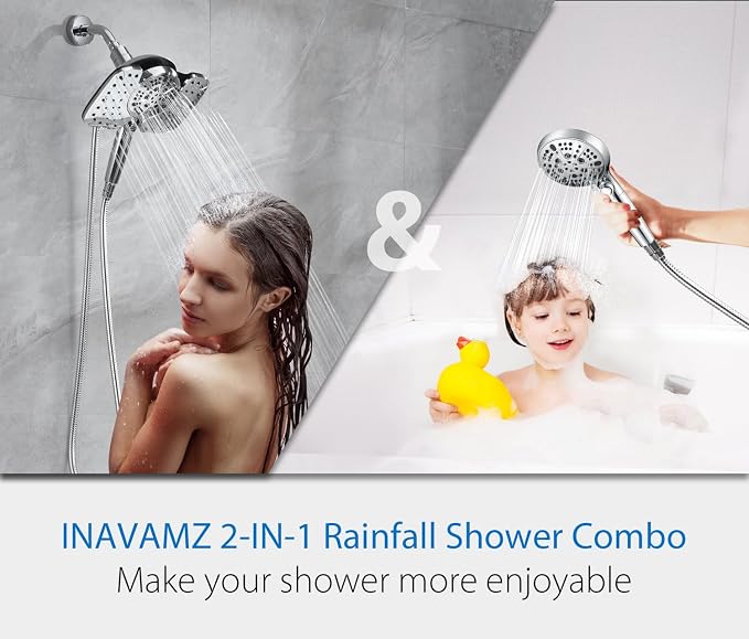 Rain Shower Head with Filtered Handheld Spray Combo Chrome 1.8 GPM | 10” Rainfall Showerhead with 9-Spray Detachable Handheld, High Pressure, ON/OFF Switch, 15-Stage Filter, Jet for Cleaning