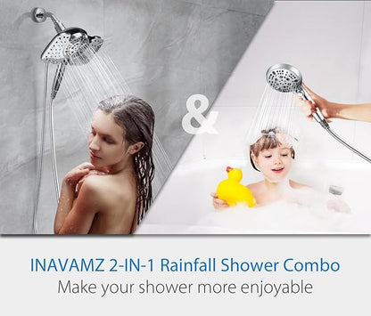 Rain Shower Head with Filtered Handheld Spray Combo Chrome 1.8 GPM | 10” Rainfall Showerhead with 9-Spray Detachable Handheld, High Pressure, ON/OFF Switch, 15-Stage Filter, Jet for Cleaning
