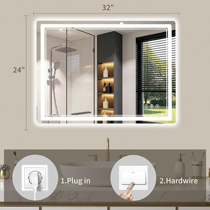 24"x32" LED Bathroom Mirror with Lights, Backlit + Front Lit, Anti-Fog, Lighted Bathroom Mirror for Wall, HD Shatterproof Tempered Glass, Dimmable, Memory Function (Horizontal/Vertical)