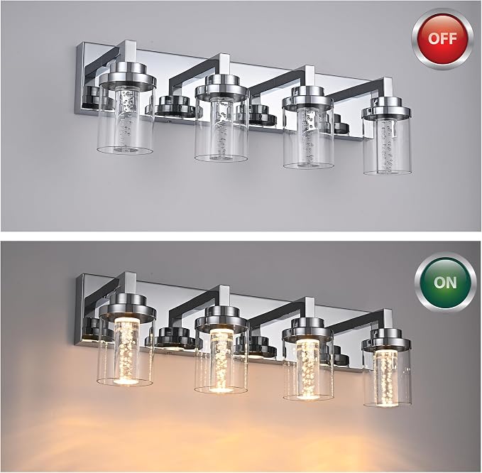 MELUCEE 4-Light LED Bathroom Lighting Fixtures Chrome, 5CCT Adjustable | Dimmable LED Vanity Light for Bathroom Bubble Crystal Bathroom Wall Lights with Clear Glass Shade, Built-In LED Chips