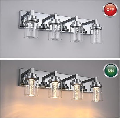 MELUCEE 4-Light LED Bathroom Lighting Fixtures Chrome, 5CCT Adjustable | Dimmable LED Vanity Light for Bathroom Bubble Crystal Bathroom Wall Lights with Clear Glass Shade, Built-In LED Chips