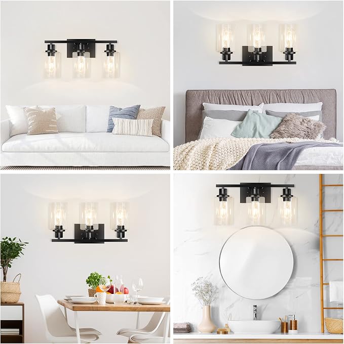 3-Light Vanity Light, Matte Black Bathroom Lighting Fixtures Over Mirror, Modern Metal Wall Lights for Hallway Kitchen Bedroom Living Room | Wall Sconce Light Fixture with Clear Glass Shade Matte Black Modern Metal Wall Lights for Hallway Kitchen Bedro...