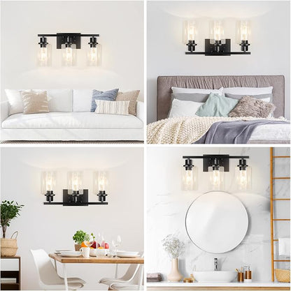3-Light Vanity Light, Matte Black Bathroom Lighting Fixtures Over Mirror, Modern Metal Wall Lights for Hallway Kitchen Bedroom Living Room | Wall Sconce Light Fixture with Clear Glass Shade Matte Black Modern Metal Wall Lights for Hallway Kitchen Bedro...