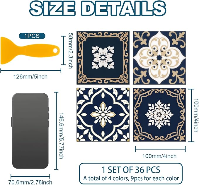 36 Pcs 4 Styles Retro Mosaic Patten Tile Sticker Blue Patten Wall Tile Stickers Waterproof Self Adhesive Stick on Decals for Kitchen Bathroom Wall Art 4×4 Inch