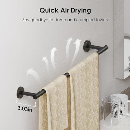 FORIOUS Bathroom Accessories, 4-Piece Bathroom Hardware Set - 30" Towel Bar | Matte Black | Towel Hooks, Towel Racks for Bathroom, Toilet Paper Holder Wall Mounted & Towel Ring | SUS304 Stainless Steel