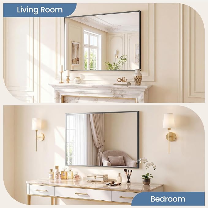 NEWBULIG Bathroom Wall Mirror, Vanity Mirror, 30x40 Inch | Rectangle Metal Frame, Tempered Glass, Over Sink Entryway, Living Room Hang, Anti-Rust, Black