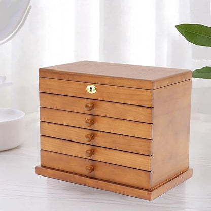 Large Wooden Jewelry Box for Women, Classic 6-layer Jewelry Storage Organizer with Mirror and Lock for Watches, Necklace, Ring (Brown)