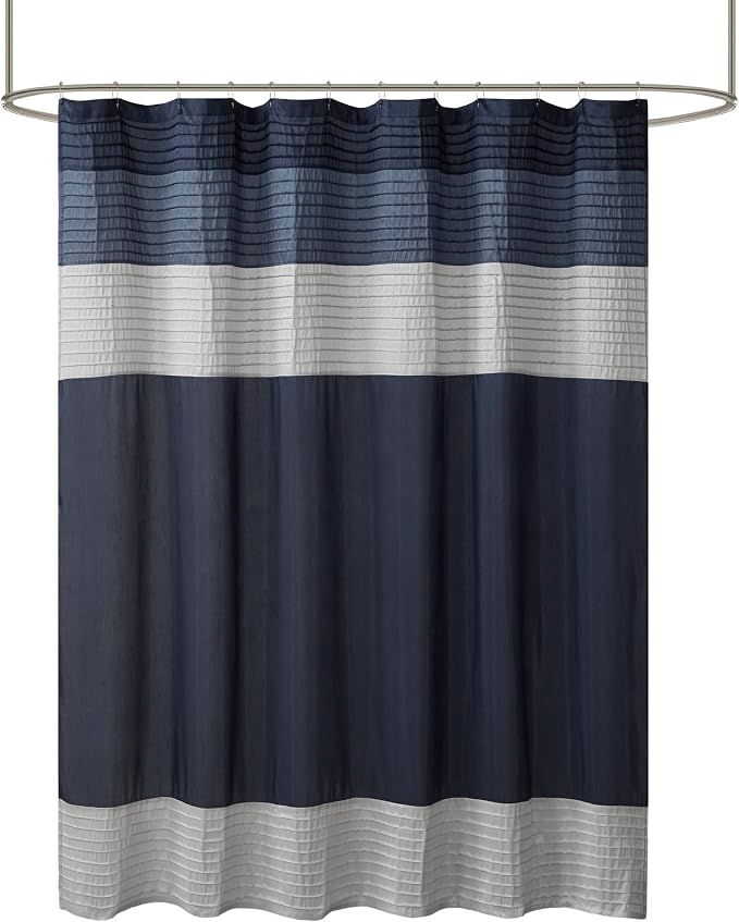 Madison Park Amherst Bathroom Shower Curtain Faux Silk Pieced Striped Modern Microfiber Bath Curtains, 72" W x 72" L, Navy (Pack of 4)