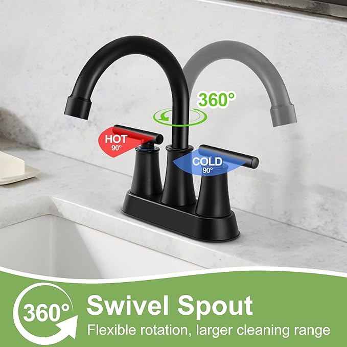 Herogo Matte Black Bathroom Sink Faucet for 3 Holes, 4 Inch Centerset Bathroom Faucet 2-Handle with Pop-Up Drain & Supply Hoses, 18/10 Stainless Steel, for RV Vanity Lavatory