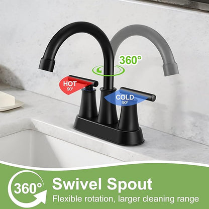 Herogo Matte Black Bathroom Sink Faucet for 3 Holes, 4 Inch Centerset Bathroom Faucet 2-Handle with Pop-Up Drain & Supply Hoses, 18/10 Stainless Steel, for RV Vanity Lavatory