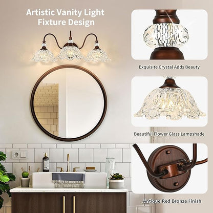 Antique Red Bronze Finish Bathroom Vanity Light, 3-Light Vintage Vanity Light with Floral Clear Glass Shades, Retro Wall Mount Lighting for Bathroom, Dressing Table
