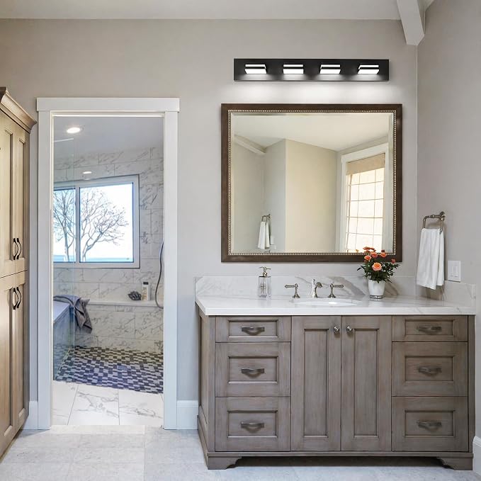 29" 4-Light Black Modern LED Bathroom Vanity Light Fixtures over Mirror | Rotatable Heads, 3 Color Temperatures, Wall Mount, Square Shade Design