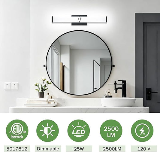 24 Inch Bathroom Vanity Light 2500LM, 5700K Daylight White Modern Bathroom Light Dimmable, AC 120V 25W Matte Black LED Vanity Lighting Fixtures Wall Sconce ETL Certified, 1Pack