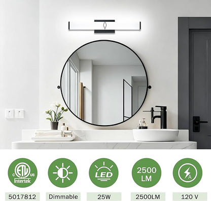 24 Inch Bathroom Vanity Light 2500LM, 5700K Daylight White Modern Bathroom Light Dimmable, AC 120V 25W Matte Black LED Vanity Lighting Fixtures Wall Sconce ETL Certified, 2Pack