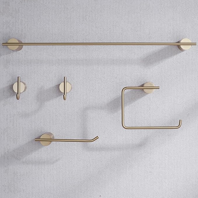 RANDOM Brushed Gold Bathroom Hardware Set 5 Pieces Include 24 inch Towel Bar Towel Ring Toilet Paper Holder Towel Hook for Bathroom,SUS304 Stainless Steel.RD96068S-5BG-2
