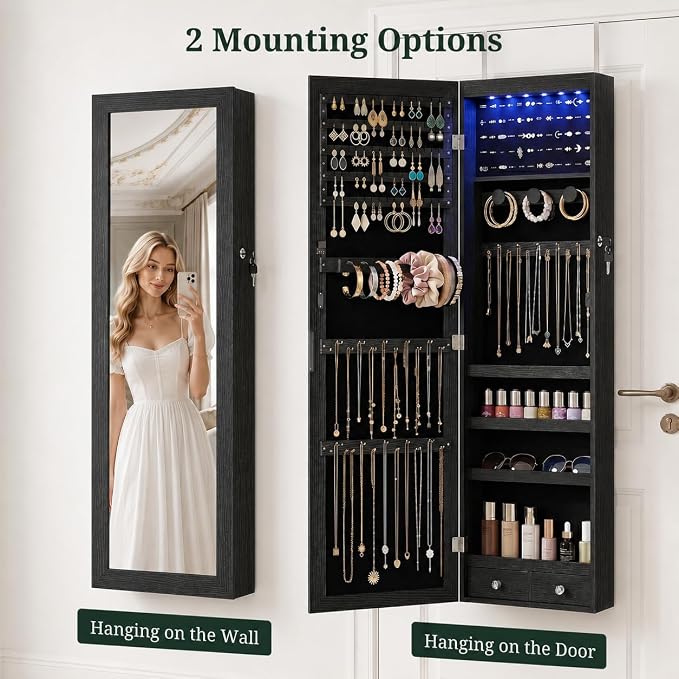 Jewelry Armoire, 47.2" Tall Lockable Jewelry Organizers and Storage Cabinet with Full-Length Mirror, 6 LEDs Mirror Jewelry Cabinet, Wall or Door Mounted Jewelry Storage for Women Bedroom, Gift Idea