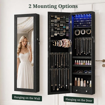 Jewelry Armoire, 47.2" Tall Lockable Jewelry Organizers and Storage Cabinet with Full-Length Mirror, 6 LEDs Mirror Jewelry Cabinet, Wall or Door Mounted Jewelry Storage for Women Bedroom, Gift Idea