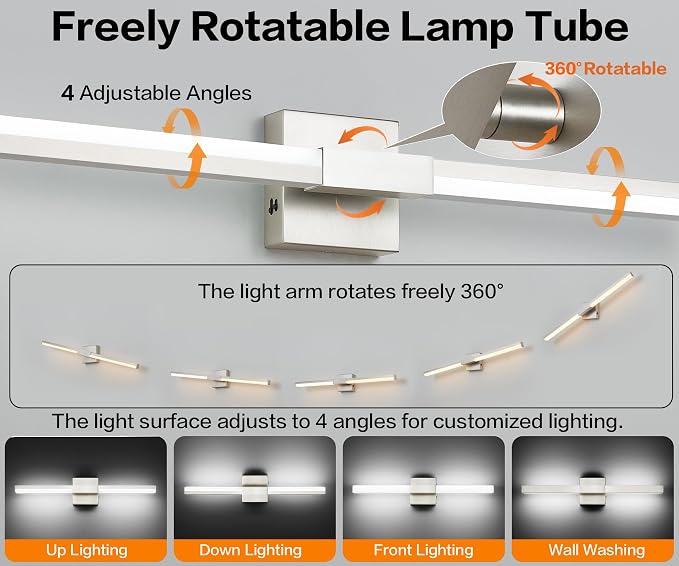 SOLFART Vanity Lighting Fixtures Dimmable: Brushed Nickel 32-Inch Detachable 4-Way Light Direction Bathroom Light Fixtures Over Mirror ETL IP44