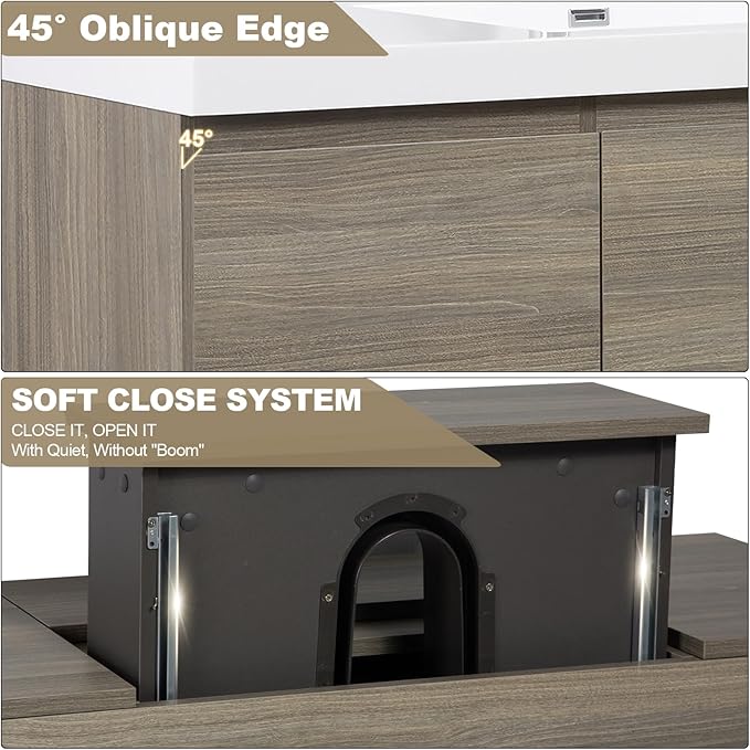 Floating Vanity Bathroom, 60 Inch Bathroom Vanity with Sink, Wall Mounted Single Sink Bathroom Vanity, Soft Closed 2 Drawers, Integrated Sink (Ash Grey)