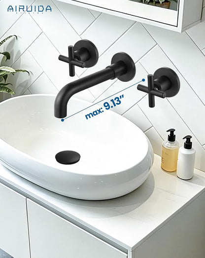 Airuida Solid Brass Matte Black Wall Mount Bathroom Faucet | 360° Swivel Spout,Rough in Valve,2 Cross Handle,3 Hole,Widespread