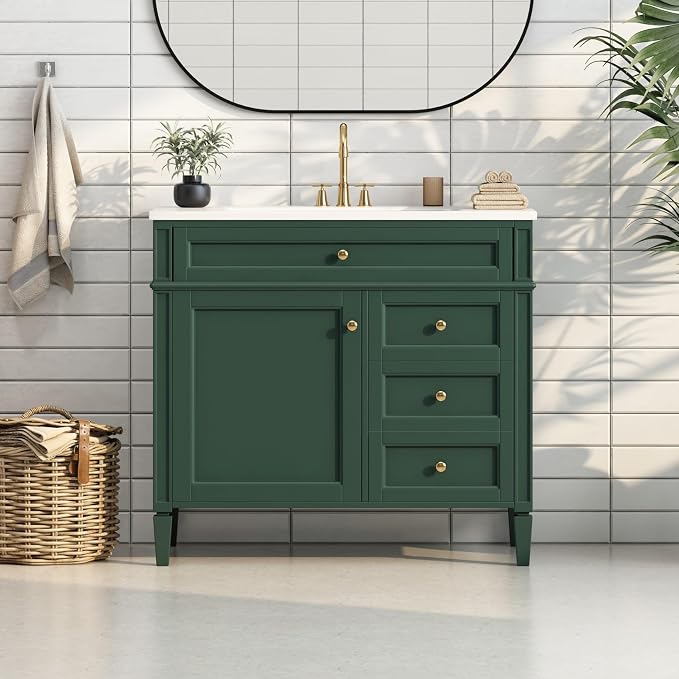 Merax 36'' Bathroom Vanity Without Top Sink, Solid Rubberwood Frame Cabinet | Modern Bathroom Vanity Storage Cabinet with 2 Drawers, Tip-out Drawer, Adjustable Shelf, Soft Closing Doors, Green