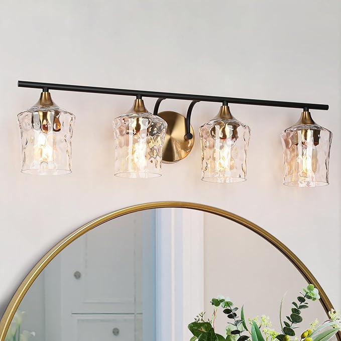 KSANA 28" Large Bathroom Vanity Lights, 4 Light Mid-Century Modern Vanity Light with Textured Glass Shade Black and Electroplated Brass Bathroom Light Fixtures for Hallway, Entryway