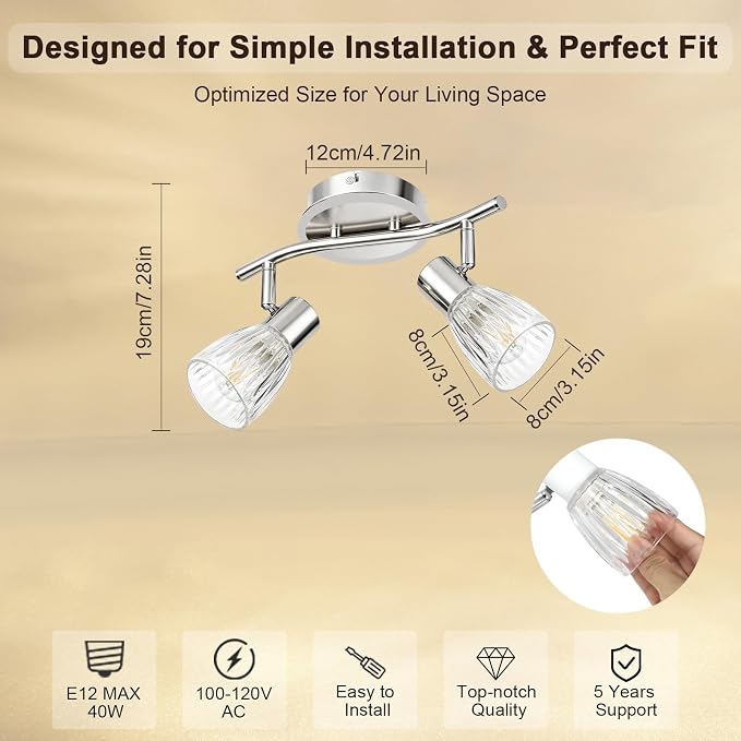 HiBay 2-Light Track Lighting, Directional Ceiling Light Fixture | with Glass Shades, Modern Chrome Spotlight Indoor for Kitchen, Bedroom, Living Room, E12 Base, No Bulbs