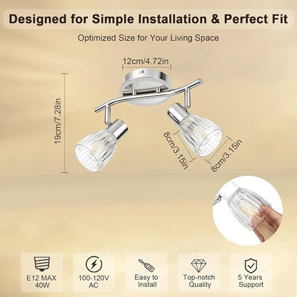 HiBay 2-Light Track Lighting, Directional Ceiling Light Fixture | with Glass Shades, Modern Chrome Spotlight Indoor for Kitchen, Bedroom, Living Room, E12 Base, No Bulbs