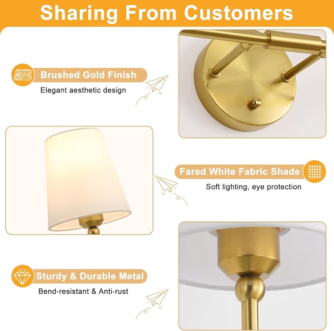 Bathroom Light Fixtures, 4-Light Brushed Gold Vanity Lights, 34" Bathroom Lighting Fixtures Over Mirror with White Flared Fabric Shade, Modern Wall Sconces for Bathroom Bedroom Living Room Hallway
