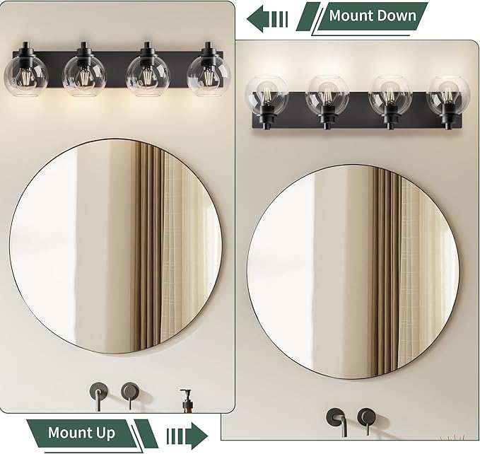 Bathroom Light Fixtures-Matte Black Vanity Lights for Bathroom, Modern Black Vanity Lights 4-Light Bathrooms Lighting Fixtures Over Mirror with Clear Glass Shade