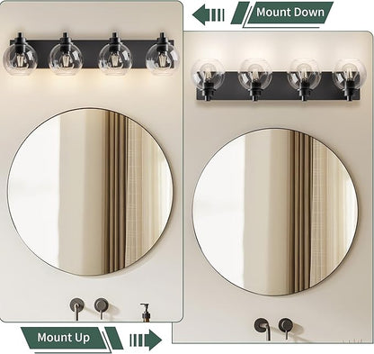 Bathroom Light Fixtures-Matte Black Vanity Lights for Bathroom, Modern Black Vanity Lights 4-Light Bathrooms Lighting Fixtures Over Mirror with Clear Glass Shade