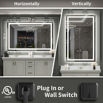 LED Mirror for Bathroom, 57x36 Inch Backlit + Front Lighted Bathroom Vanity Mirror with Lights for Wall, Double Light Strips, 3 Colors, Shatter-Proof, Anti-Fog and Brightness Memory