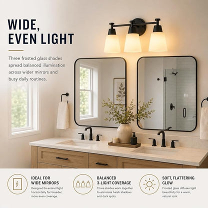 3 Light Bathroom Vanity Light, Modern Matte Black Stainless Steel Over Mirror Vanity Light Fixture with Frosted Glass, Wall Sconces Lighting for Bedroom Living Room