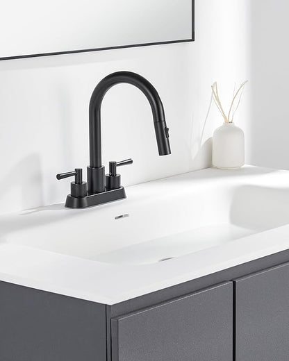 Bathroom Sink Faucet with Pull Out Sprayer 2 Handles, Matte Black Pull Down Bathroom Faucet 3 Holes, 4 Inch Black Faucet Bathroom, 360 Degree Swivel Spout, Pop Up Drain Assembly Included