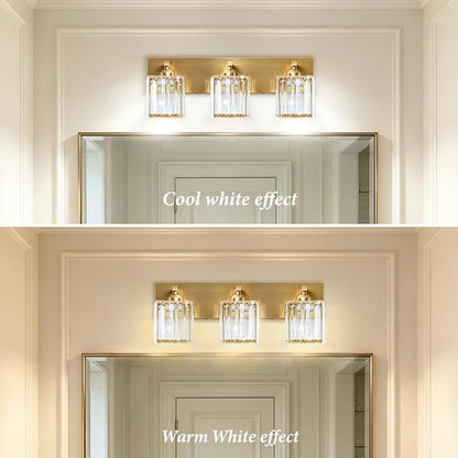 Gold Crystal Bathroom Vanity Light, 3-Light Modern Bathroom Lighting Fixtures Over Mirror,Chrome Wall Sconce Light Fixtures with Square Shade