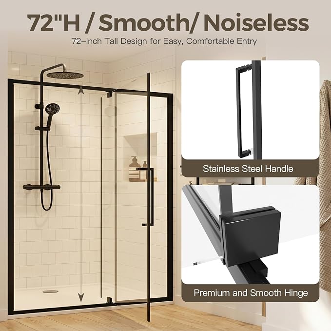 56-60" W x 72" H Semi-Frameless Pivot Swing Shower Doors | 1/4" (6mm) Clear SGCC Tempered Glass with a 24.8" walk-in opening, Matte Black Finish, Reversible, Magnetic Closing