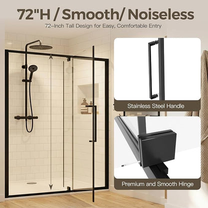 56-60" W x 72" H Semi-Frameless Pivot Swing Shower Doors | 1/4" (6mm) Clear SGCC Tempered Glass with a 24.8" walk-in opening, Matte Black Finish, Reversible, Magnetic Closing
