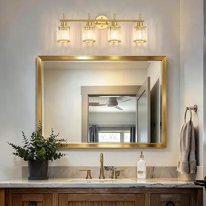 Brushed Gold Bathroom Light Fixtures, Round, 3-Light | Vanity Lights with Crystal Shades, Modern Bathroom Lighting Fixtures over Mirror (Bulbs Not Included, E26)