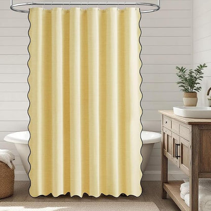 BTTN Yellow Boho Scalloped Linen Textured Cloth Shower Curtain Set, 72x72 | 230GSM Waterproof Polyester, Heavy Duty Fabric, 12 Plastic Hooks, Modern Farmhouse Style, Machine Washable, Bathroom Decor