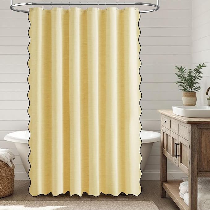 BTTN 72x78 Boho Scalloped Linen Textured Cloth Shower Curtain Set, Yellow | Long Size, 230GSM Waterproof Polyester, Heavy Duty Fabric, 12 Plastic Hooks, Elegant Modern Farmhouse Style, Machine Washable