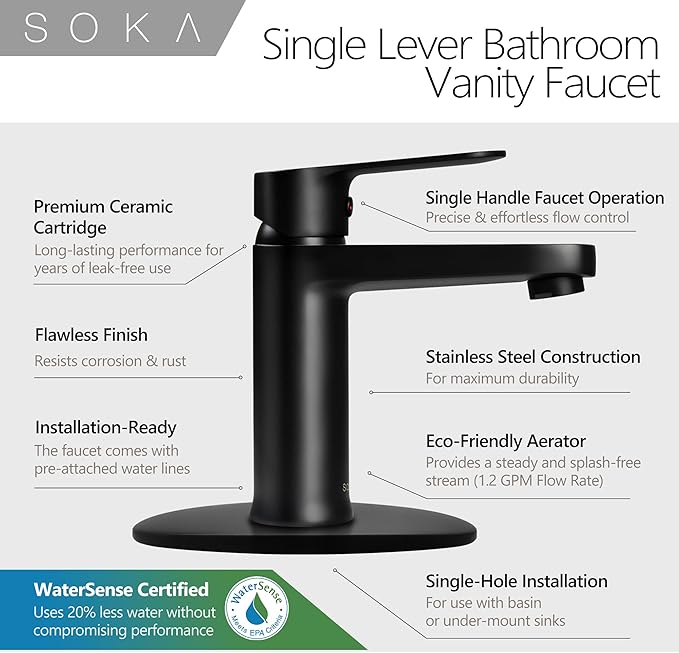 Brass Bathroom Faucet Matte Black with Pop-up Sink Drain Stopper & Deck Plate - 1 or 3 Hole Single Handle RV Faucet