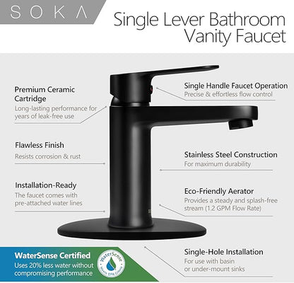 Brass Bathroom Faucet Matte Black with Pop-up Sink Drain Stopper & Deck Plate - 1 or 3 Hole Single Handle RV Faucet
